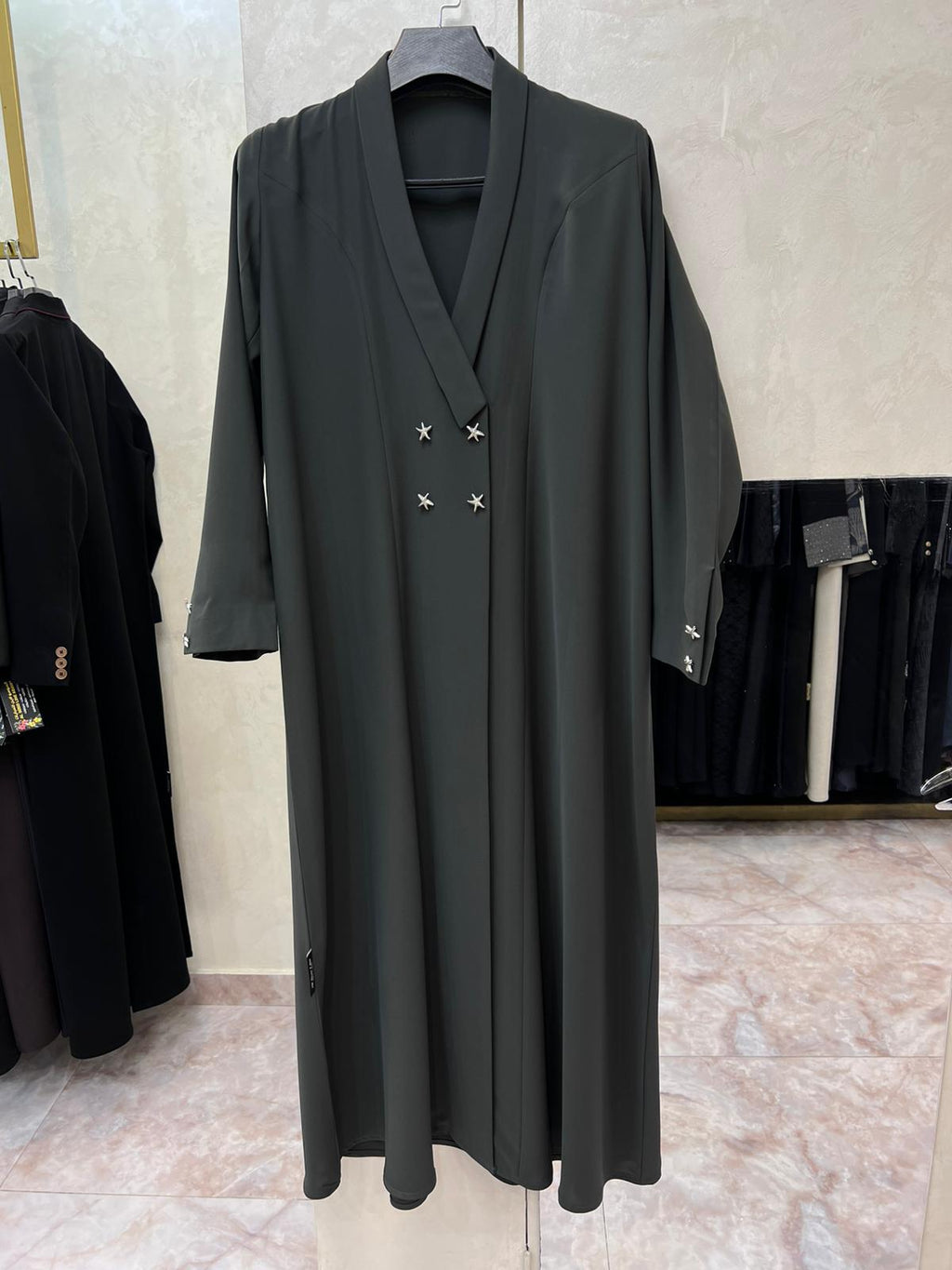Celestial Elegance Double-Breasted Abaya – Starlit Sophistication | Custom Order on Request