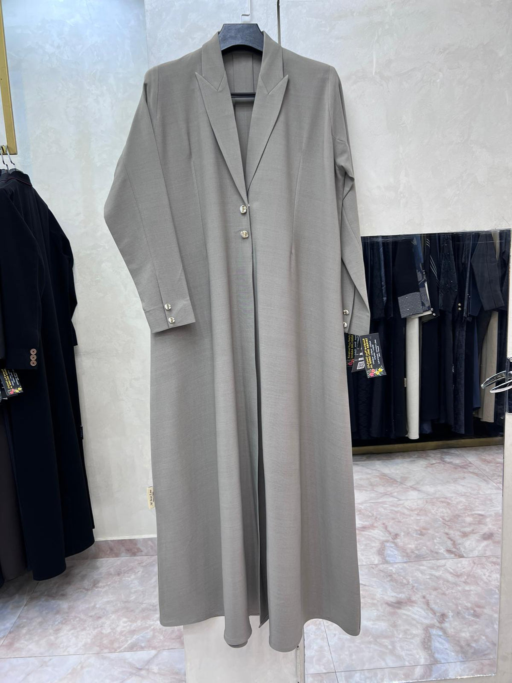 Modern Tailored Light Grey Abaya – Effortless Professional Elegance | Custom Order On Reuqest
