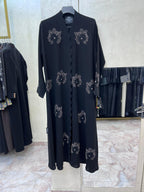 Luxury Black Crepe Abaya with Hand-Embellished Floral Design – Premium Modest Fashion Qatar