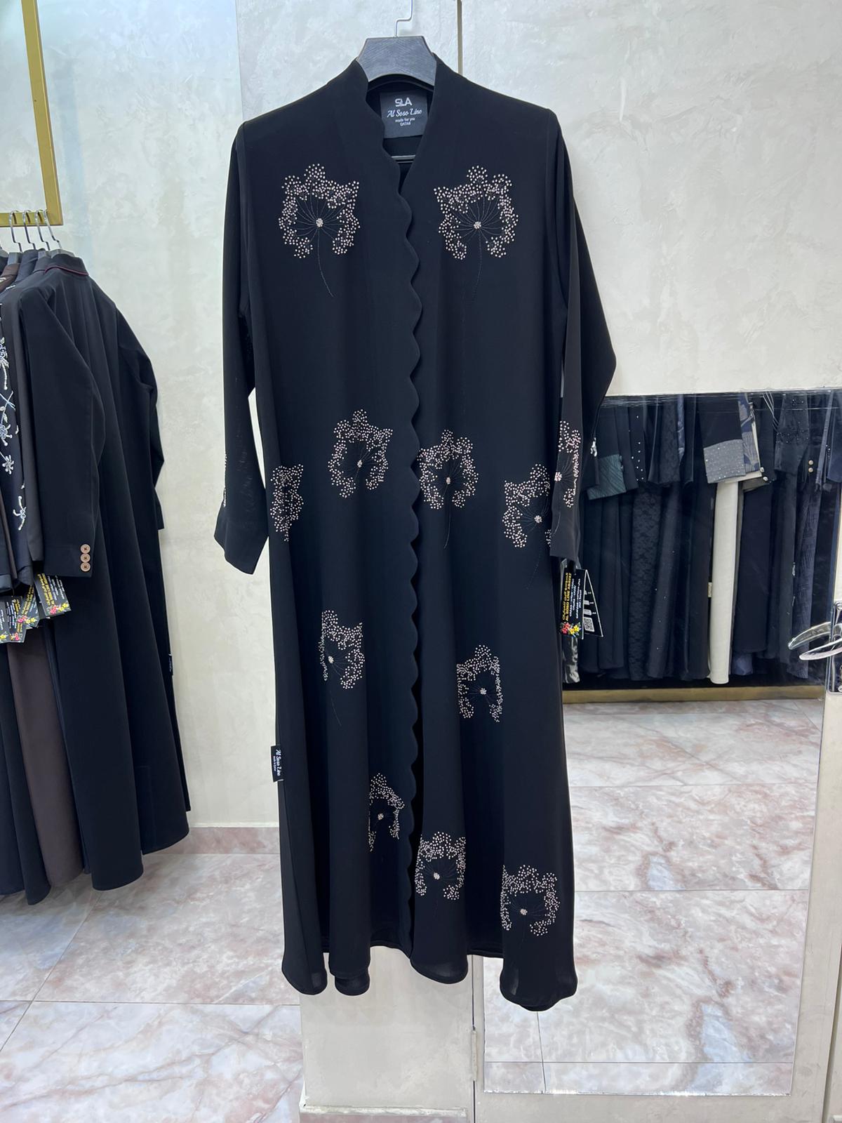 Luxury Black Crepe Abaya with Hand-Embellished Floral Design – Premium Modest Fashion Qatar