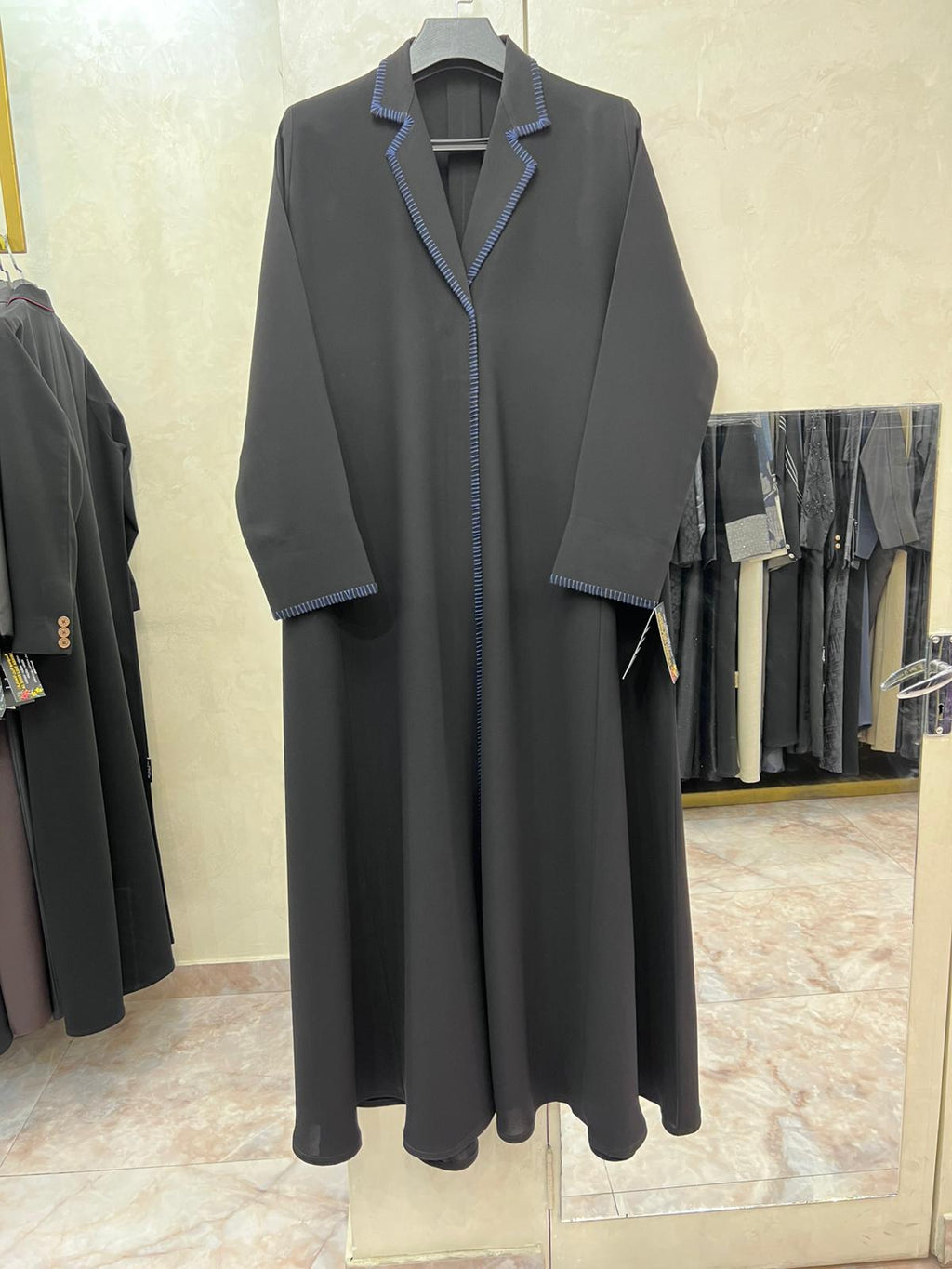 Contemporary Contrast Black Abaya – Bold Blue Trim | Custom Order On Request
