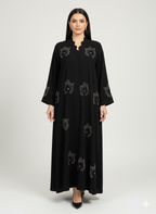 Luxury Black Crepe Abaya with Hand-Embellished Floral Design – Premium Modest Fashion Qatar