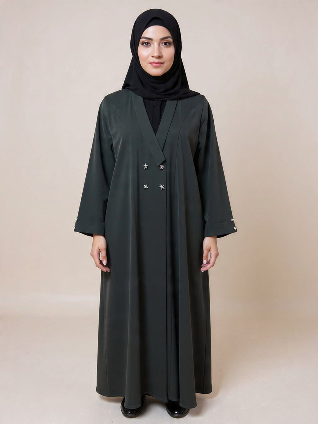 Celestial Elegance Double-Breasted Abaya – Starlit Sophistication | Custom Order on Request