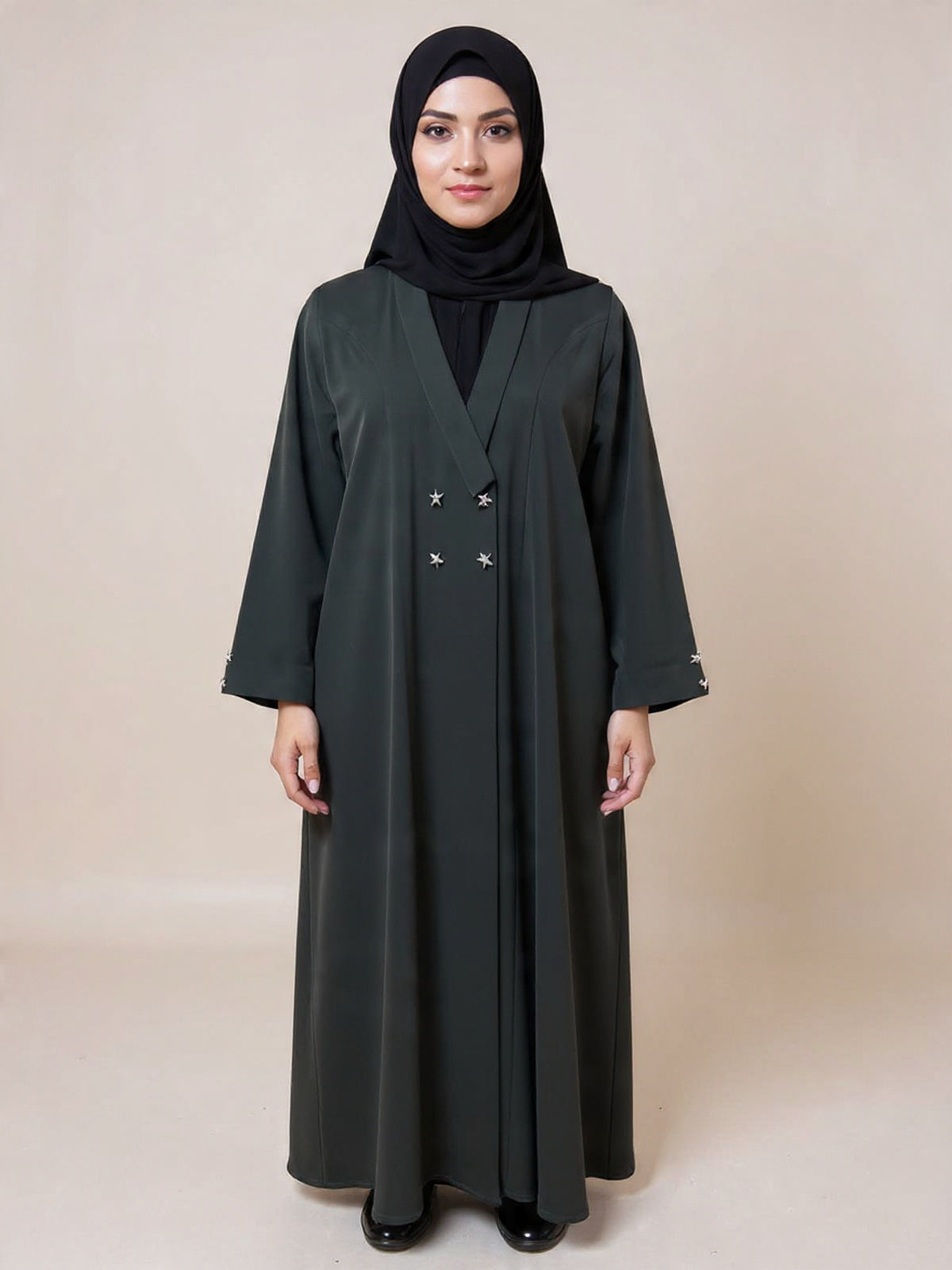 Celestial Elegance Double-Breasted Abaya – Starlit Sophistication | Custom Order on Request
