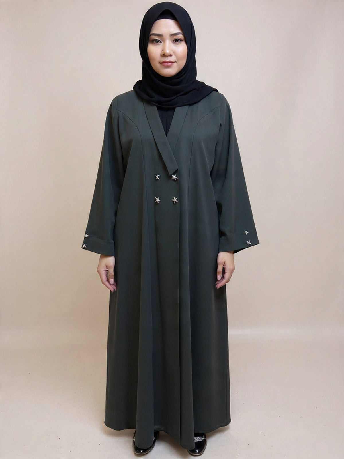 Celestial Elegance Double-Breasted Abaya – Starlit Sophistication | Custom Order on Request