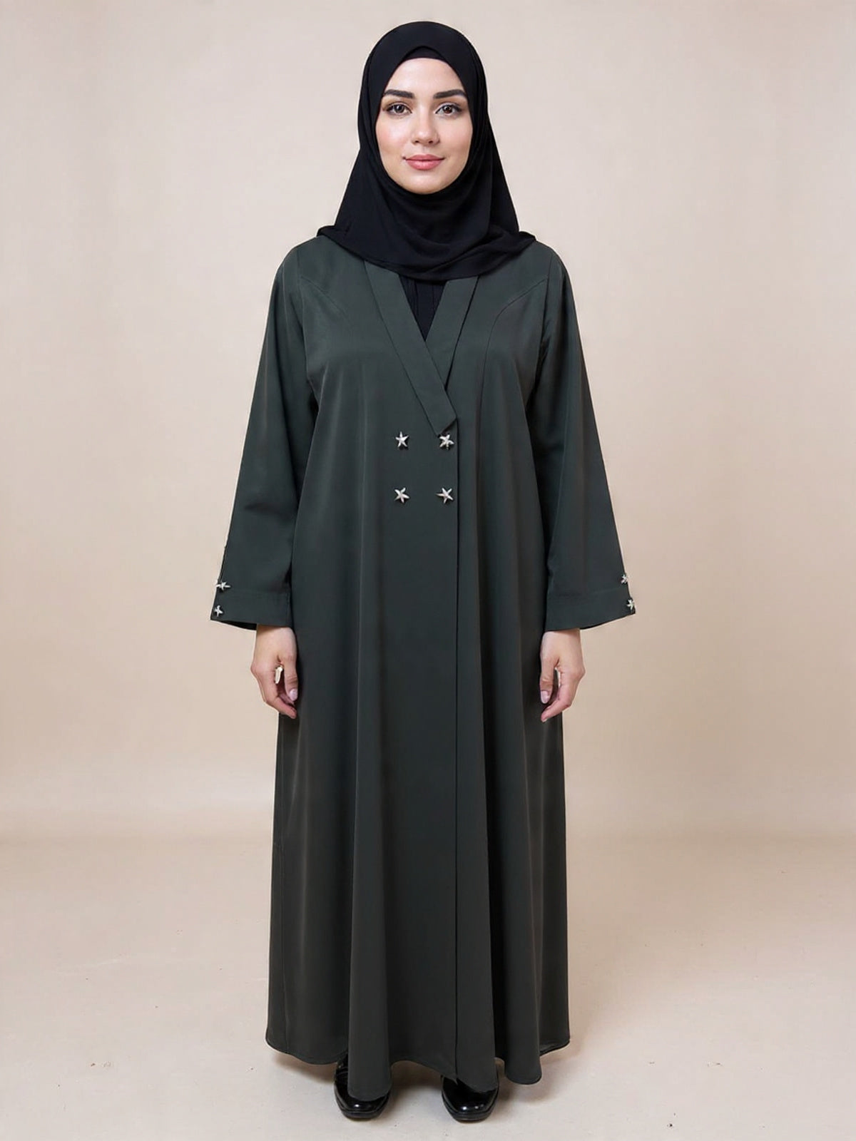 Celestial Elegance Double-Breasted Abaya – Starlit Sophistication | Custom Order on Request