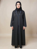 Contemporary Contrast Black Abaya – Bold Blue Trim | Custom Order On Request