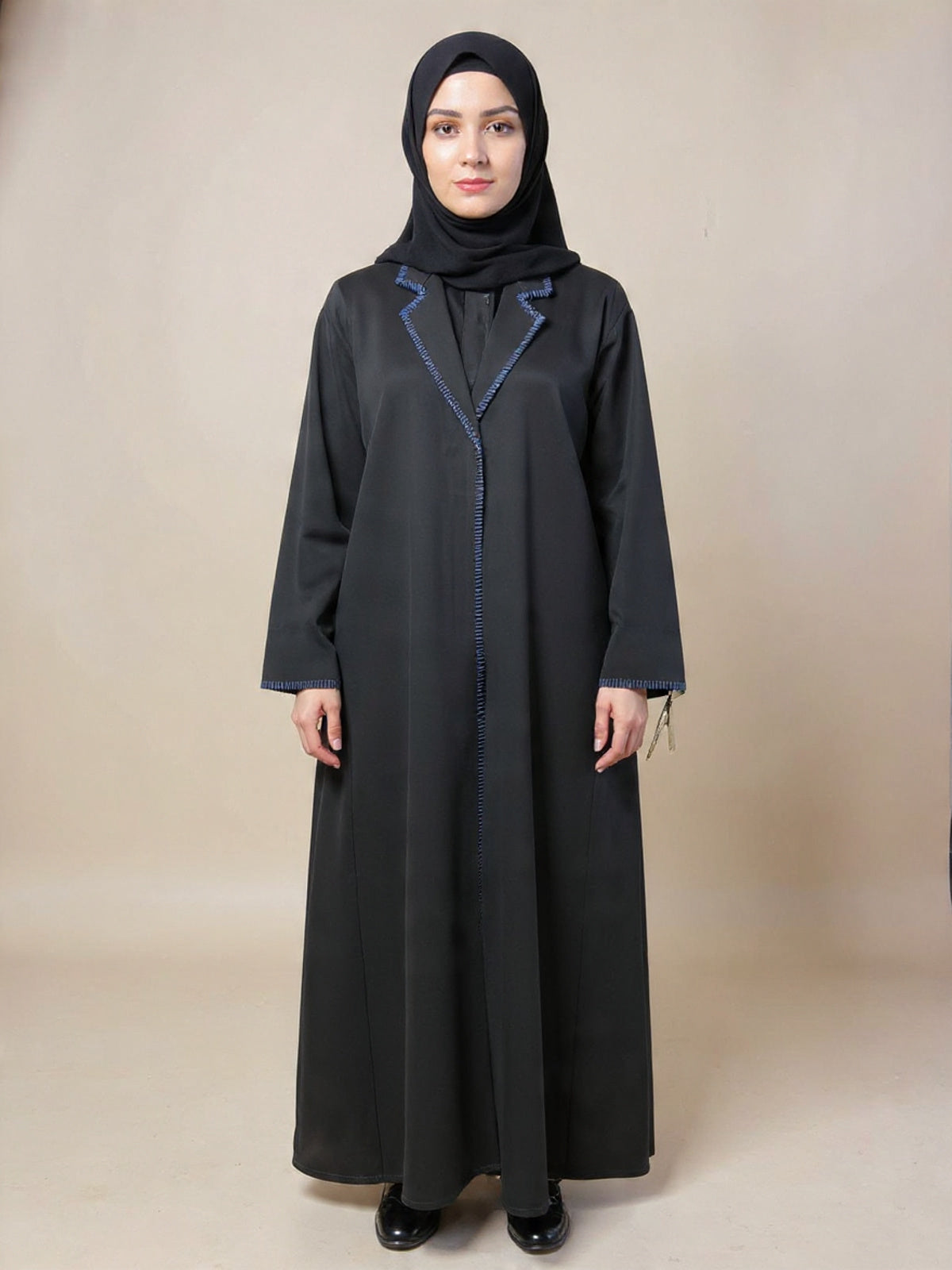 Contemporary Contrast Black Abaya – Bold Blue Trim | Custom Order On Request