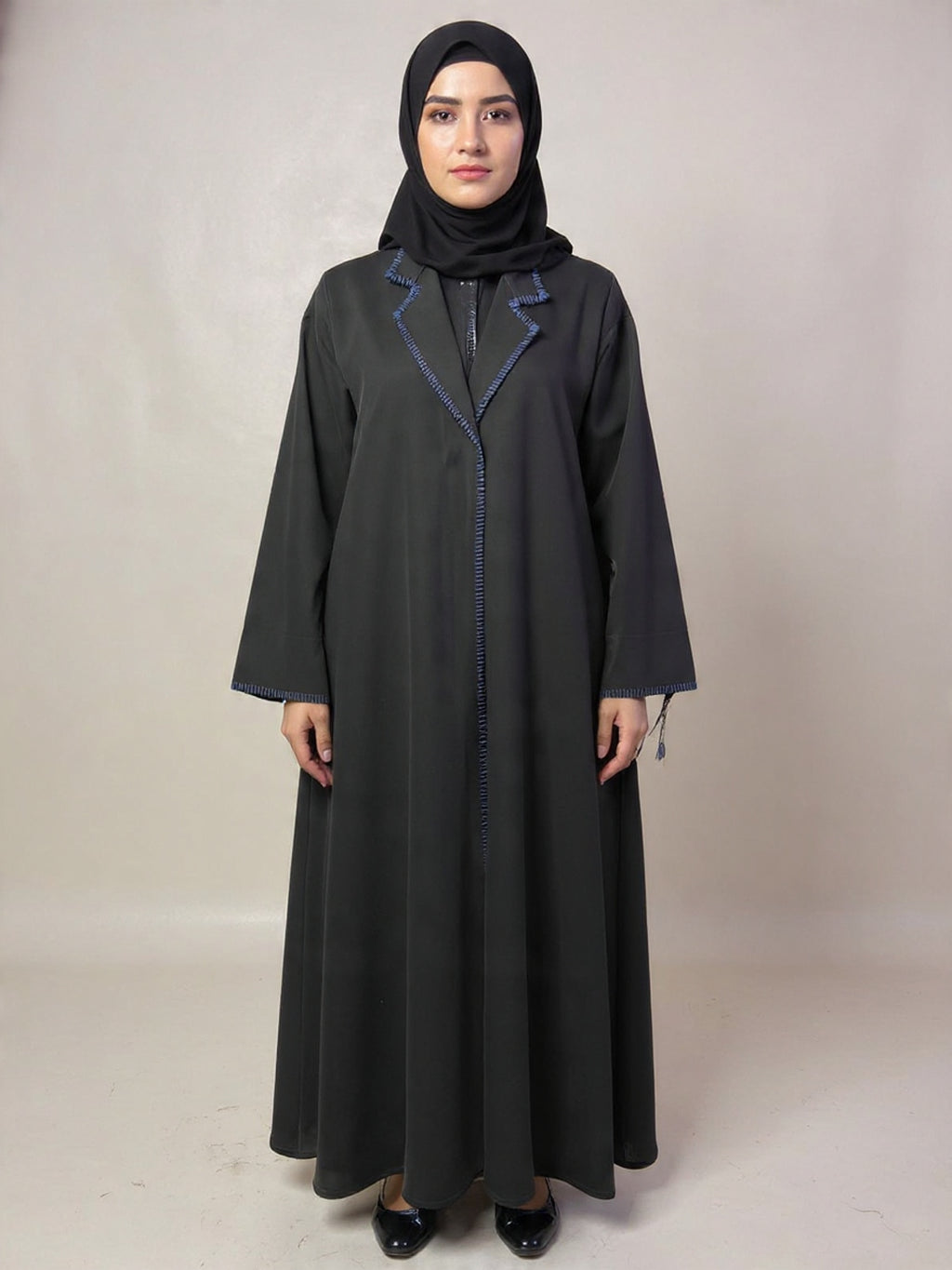 Contemporary Contrast Black Abaya – Bold Blue Trim | Custom Order On Request