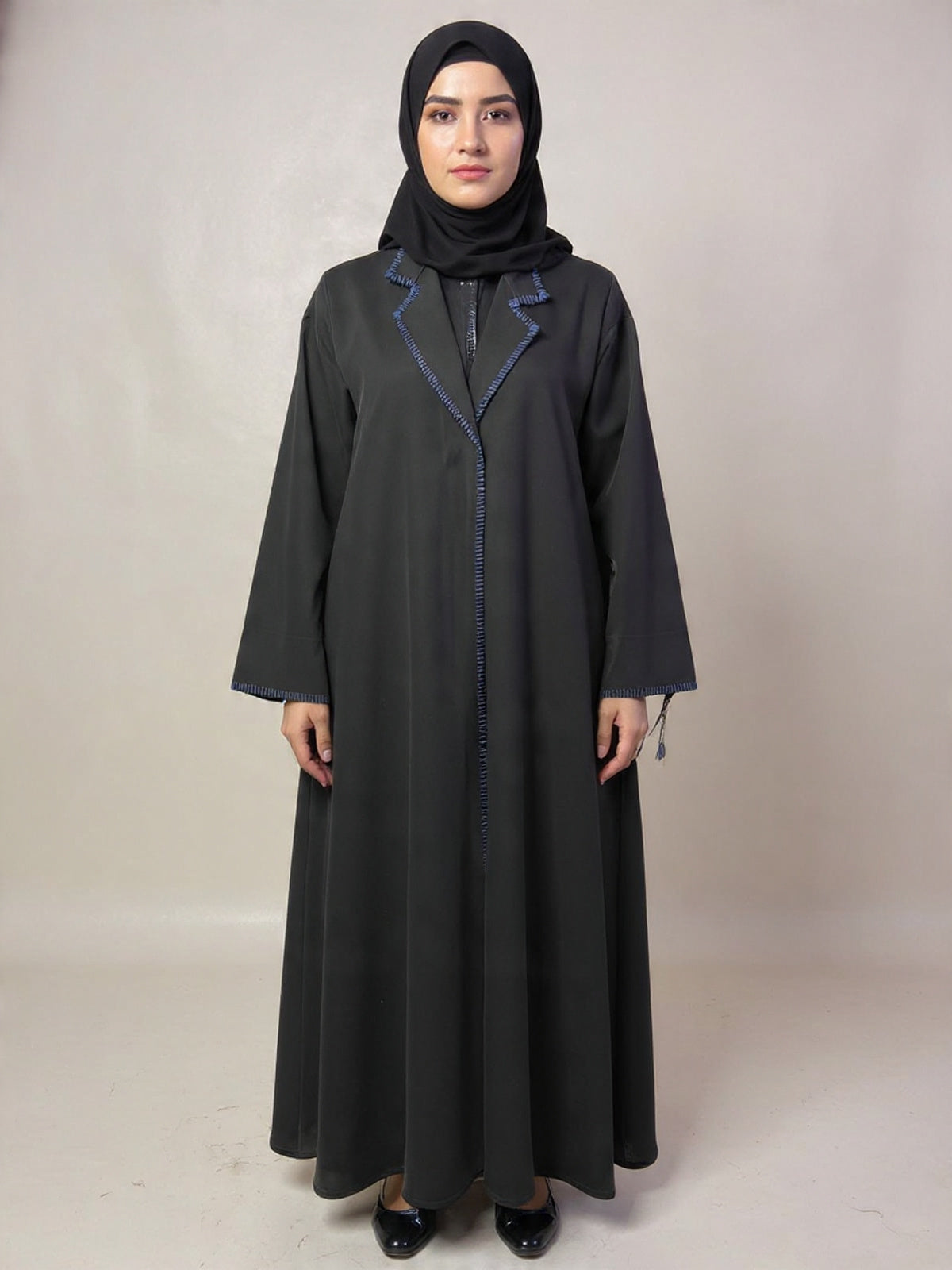 Contemporary Contrast Black Abaya – Bold Blue Trim | Custom Order On Request