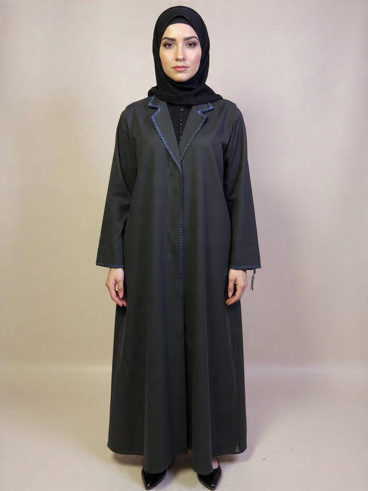 Contemporary Contrast Black Abaya – Bold Blue Trim | Custom Order On Request