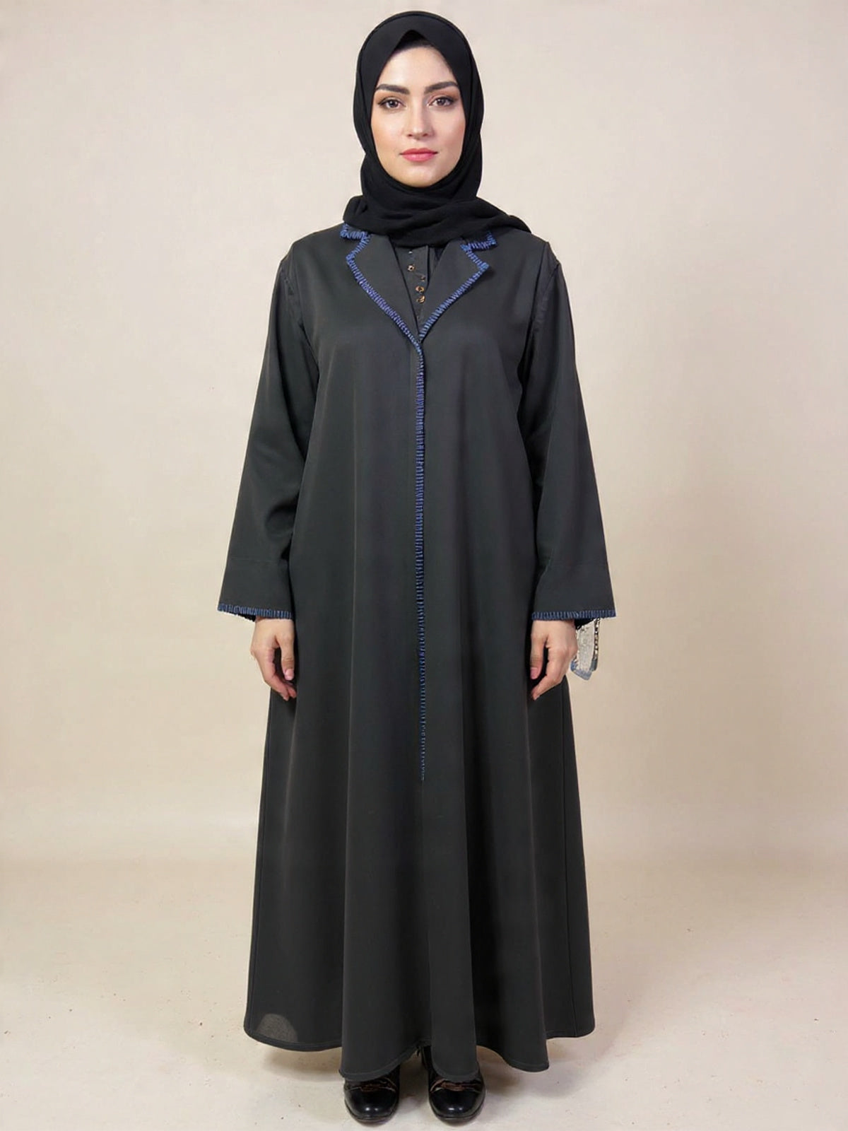 Contemporary Contrast Black Abaya – Bold Blue Trim | Custom Order On Request