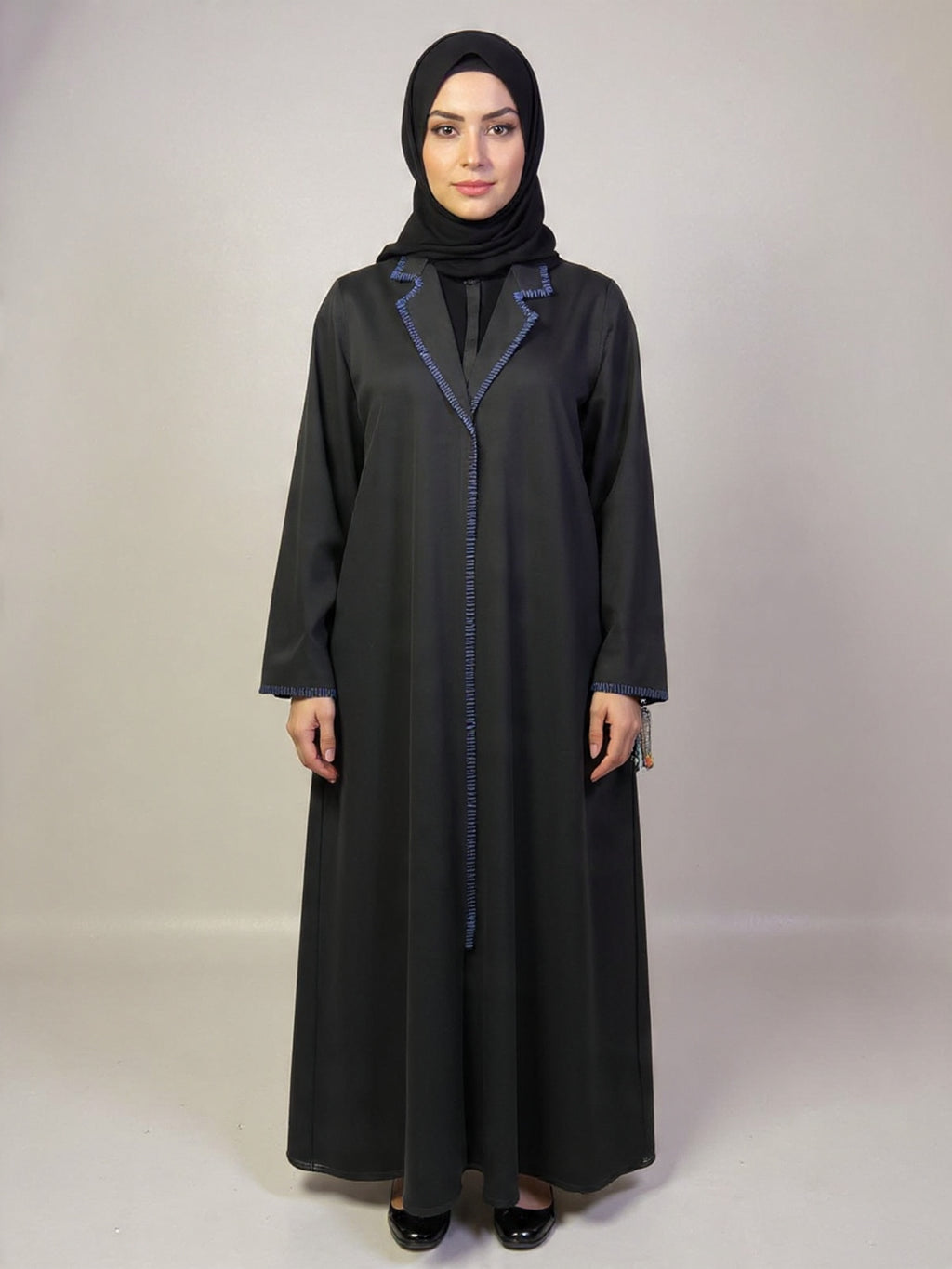 Contemporary Contrast Black Abaya – Bold Blue Trim | Custom Order On Request