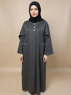 Premium Charcoal Grey Abaya with Contrast Stitch Detailing & Gold Button Accents – Qatar Collection
