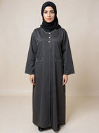 Premium Charcoal Grey Abaya with Contrast Stitch Detailing & Gold Button Accents – Qatar Collection