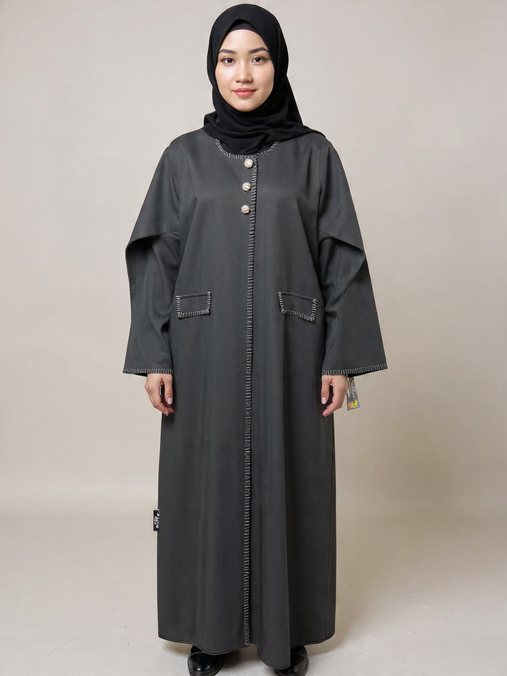 Premium Charcoal Grey Abaya with Contrast Stitch Detailing & Gold Button Accents – Qatar Collection