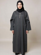 Premium Charcoal Grey Abaya with Contrast Stitch Detailing & Gold Button Accents – Qatar Collection