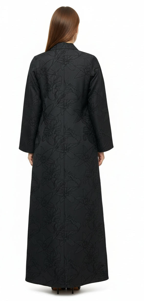 Al Soso Premium Black Jacquard Abaya – Elegant Floral Texture with Gold Star Buttons