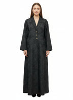 Al Soso Premium Black Jacquard Abaya – Elegant Floral Texture with Gold Star Buttons