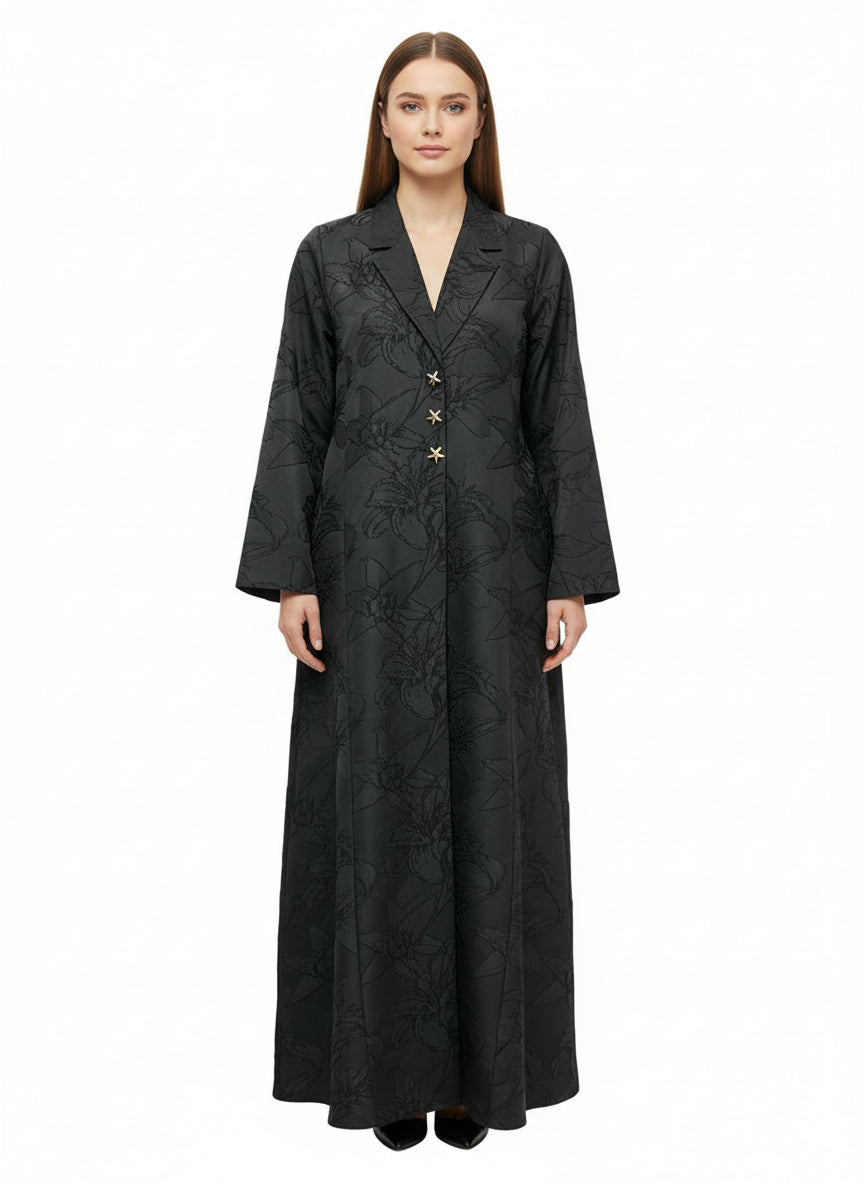 Al Soso Premium Black Jacquard Abaya – Elegant Floral Texture with Gold Star Buttons