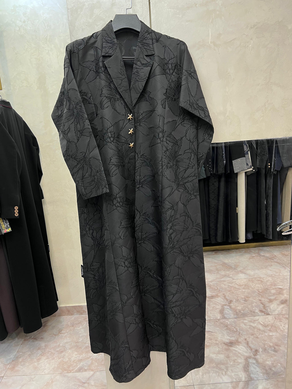 Al Soso Premium Black Jacquard Abaya – Elegant Floral Texture with Gold Star Buttons