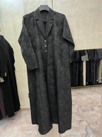 Al Soso Premium Black Jacquard Abaya – Elegant Floral Texture with Gold Star Buttons